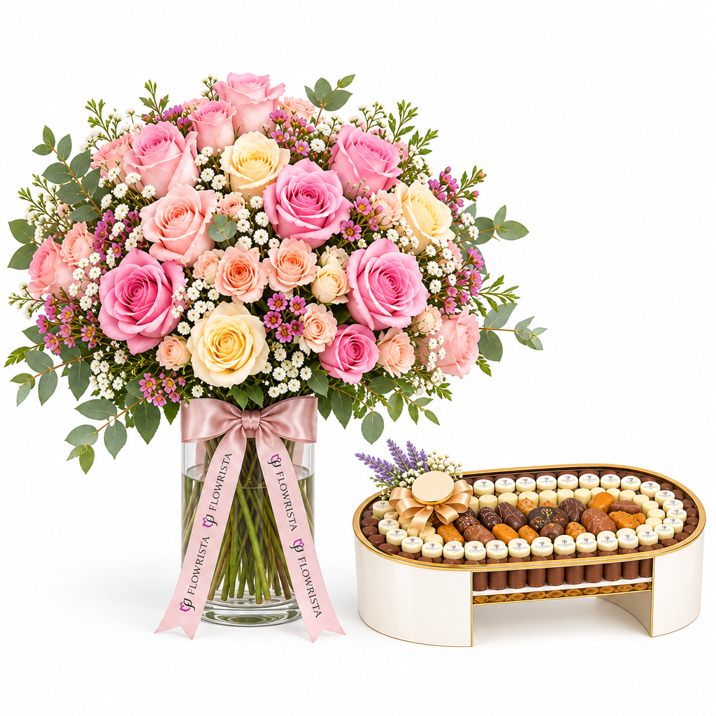 Giovanni oval chocolate tray beside a Flowrista pink and cream rose vase