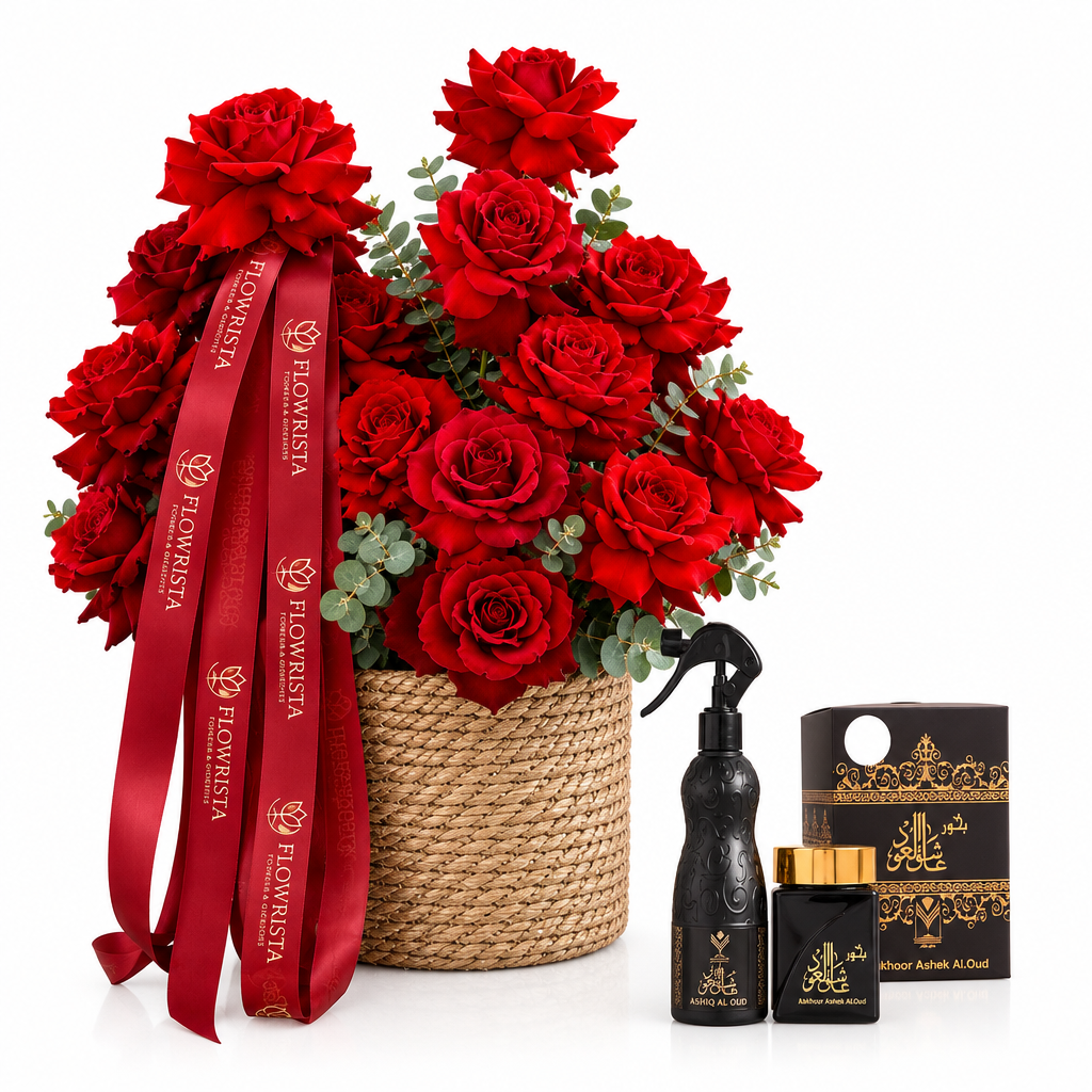 Ashiq Al Oud air freshener and bakhoor beside a red rose basket with Flowrista ribbon