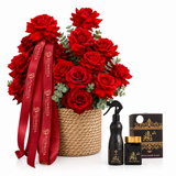 Ashiq Al Oud air freshener and bakhoor beside a red rose basket with Flowrista ribbon