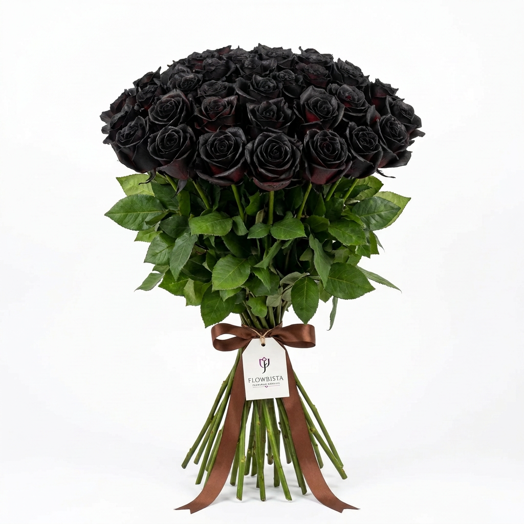 Black rose bouquet with green leaves, exposed stems, brown ribbon and Flowrista gift tag