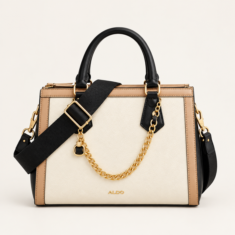 ALDO Mondiane cream tan and black satchel with black handles and gold-tone chain