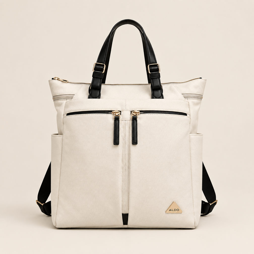 ALDO Ibiliwyr beige backpack with black handles twin front zips and triangular plaque