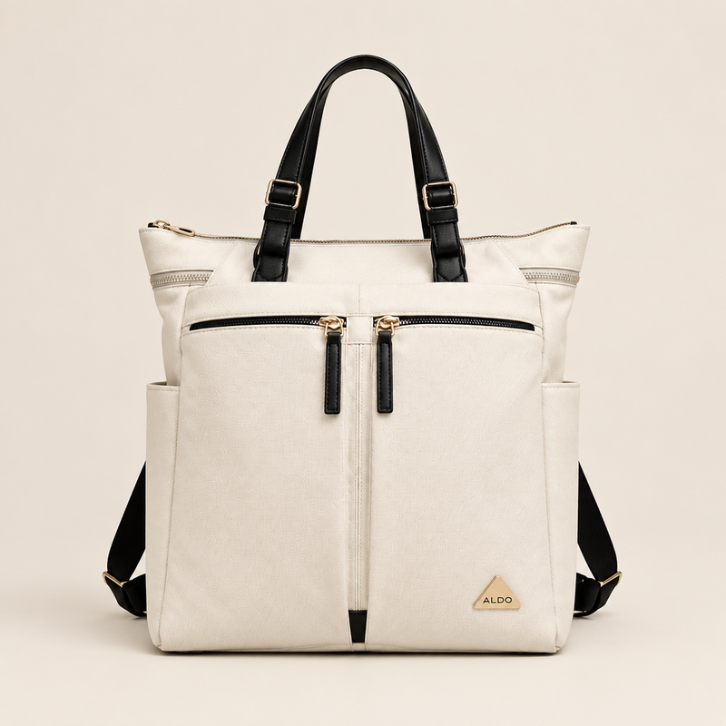 ALDO Ibiliwyr beige backpack with black handles twin front zips and triangular plaque