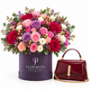 Flowrista purple mixed rose box with ALDO Arrabella burgundy bag gift set
