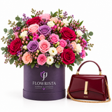 Flowrista purple mixed rose box with ALDO Arrabella burgundy bag gift set