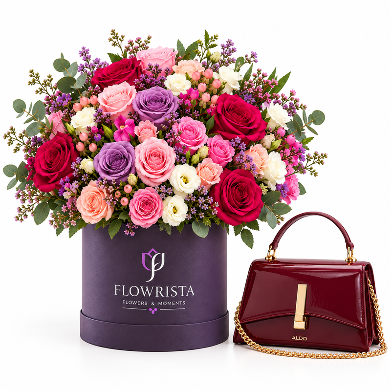 Flowrista purple mixed rose box with ALDO Arrabella burgundy bag gift set