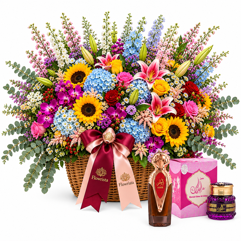Asser perfume and Saher mamoul beside Flowrista grand sunflower and mixed flower basket
