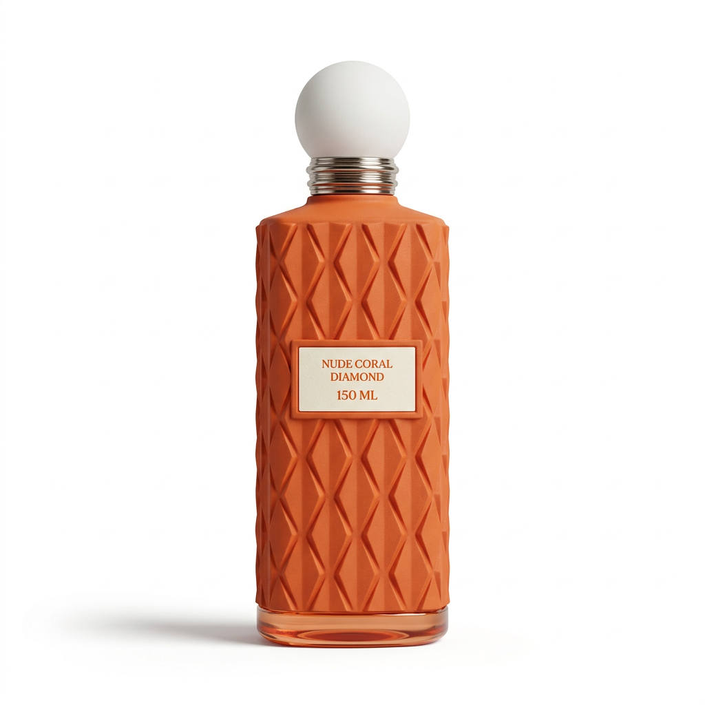 Nude Coral Diamond 150 ml coral-coloured geometric perfume bottle with white spherical cap