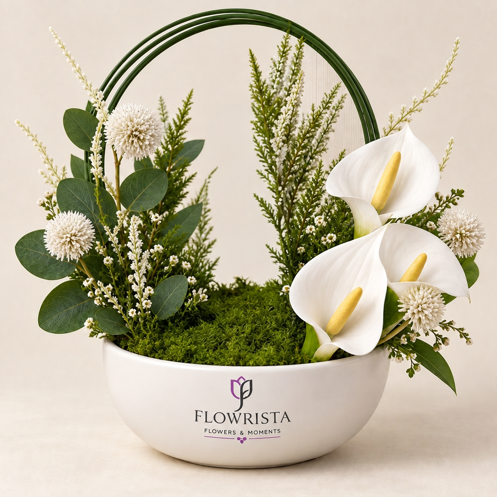 Artificial white calla-style and round flowers with greenery and a curved green arch in a white Flowrista bowl
