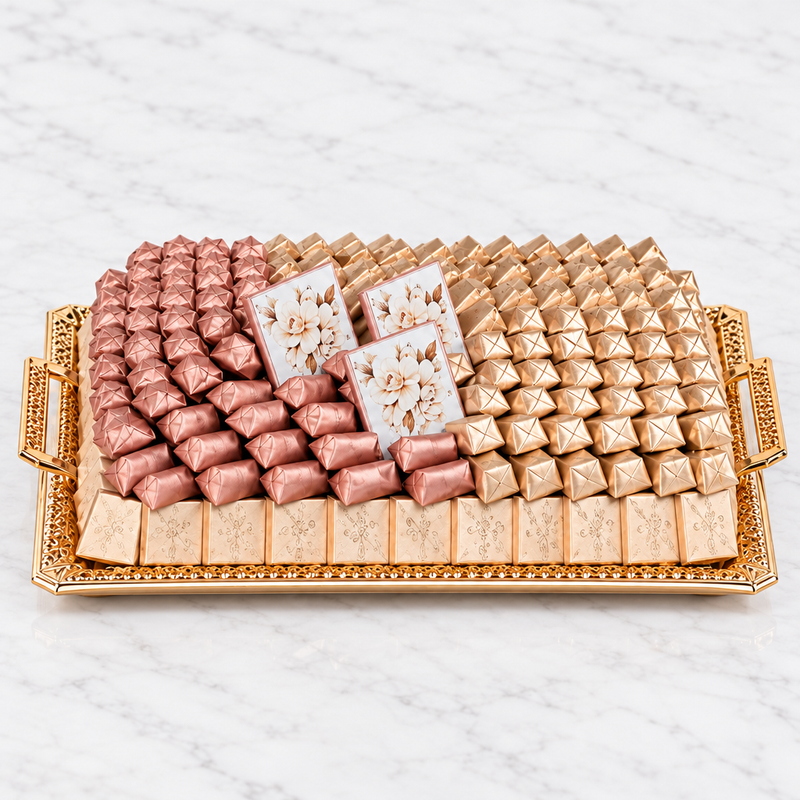 Assorted Belgian chocolates individually wrapped on an elegant gold gift tray