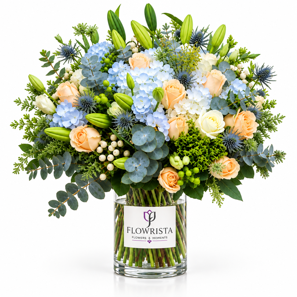 Blue hydrangeas and cream roses in a glass Flowrista vase