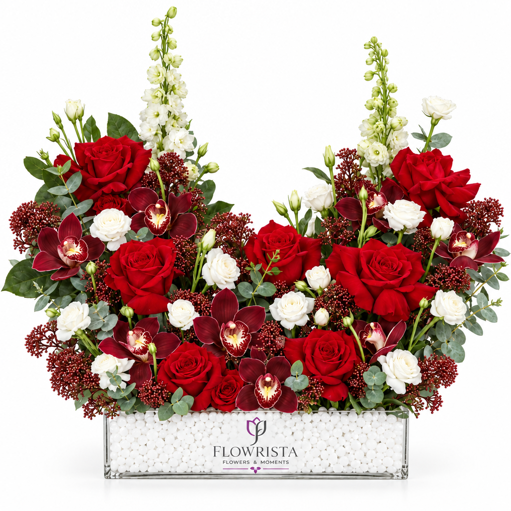 Flowrista red roses burgundy orchids and white flowers in a clear rectangular container