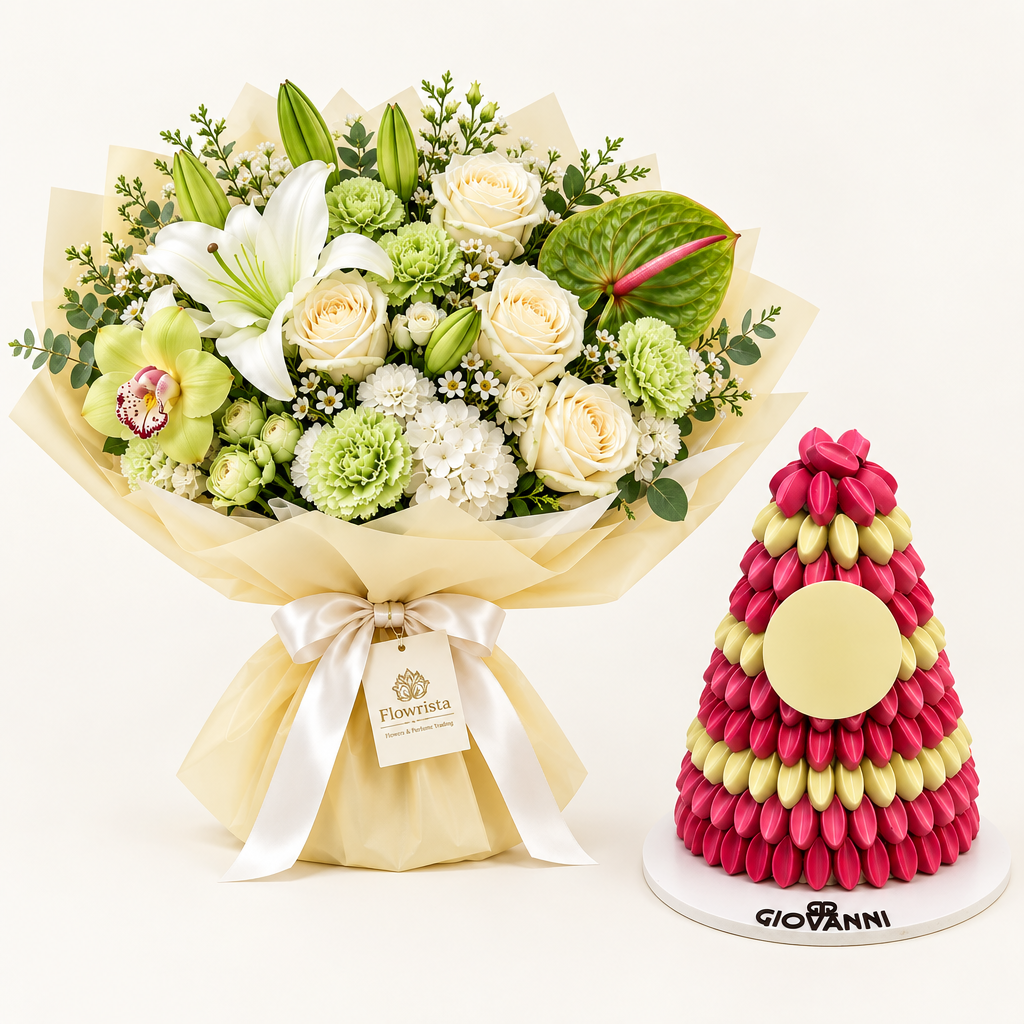 Giovanni pink and ivory chocolate pyramid beside Flowrista white lily and green flower bouquet
