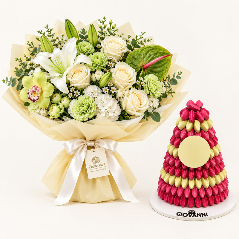 Giovanni pink and ivory chocolate pyramid beside Flowrista white lily and green flower bouquet