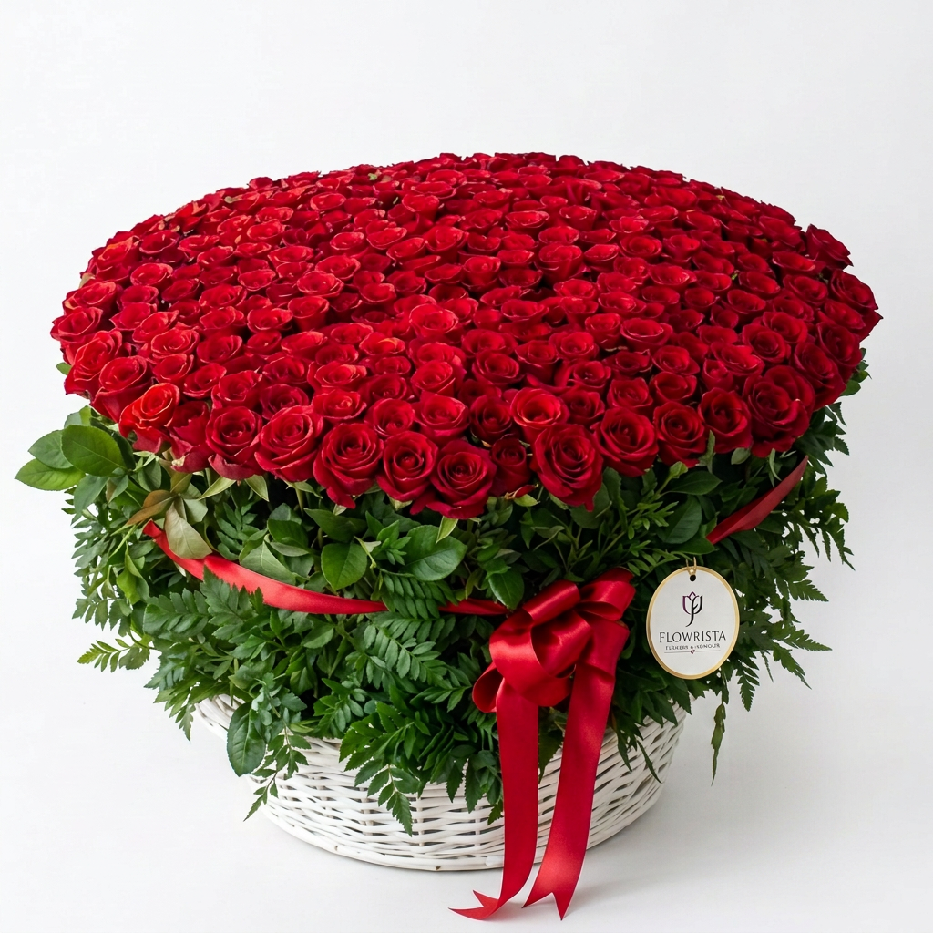 Basket of 1000 red roses with greenery in white wicker, red ribbon and a Flowrista gift tag