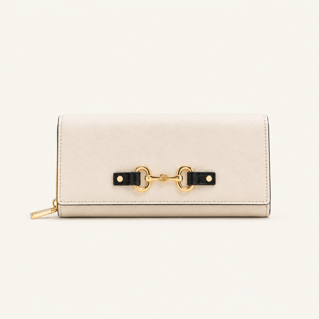 ALDO Olira cream flap wallet with black tabs and gold-tone linked-ring accent