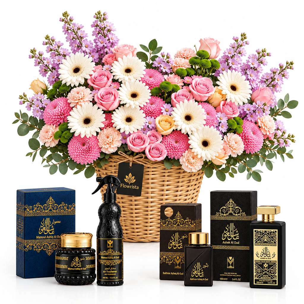 Asheq Al Oud perfume, Mamoul, Bakhoor and home air freshener beside a Flowrista pastel flower basket