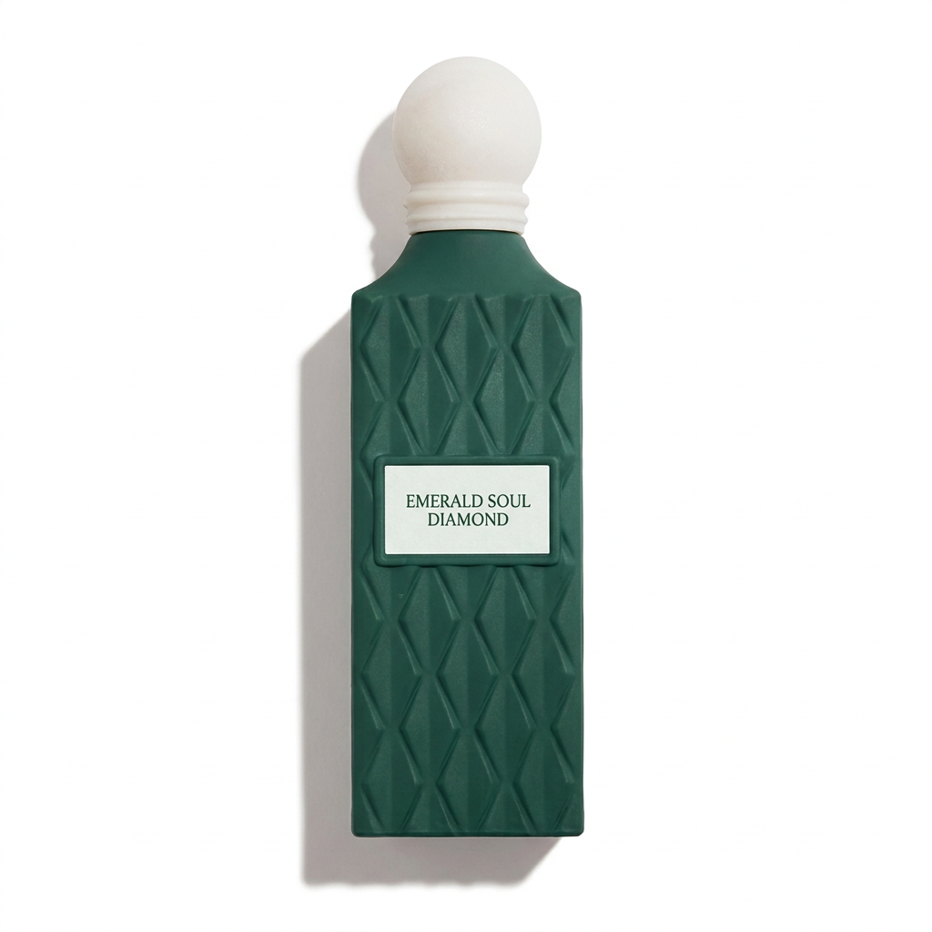 Emerald Soul Diamond emerald green geometric perfume bottle with white label and rounded white cap