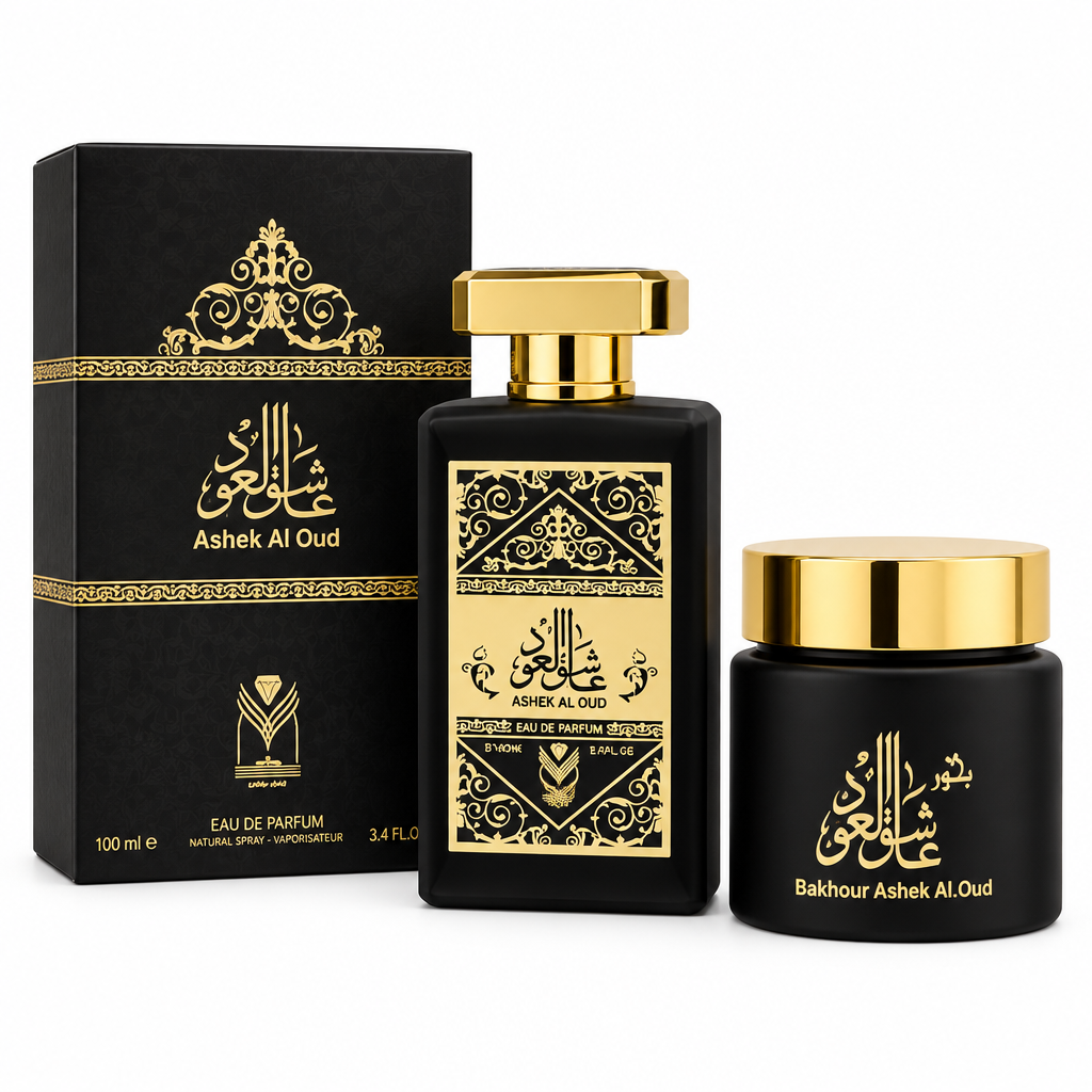 Ashek Al Oud perfume and Bakhour Ashek Al Oud incense jar on a white background