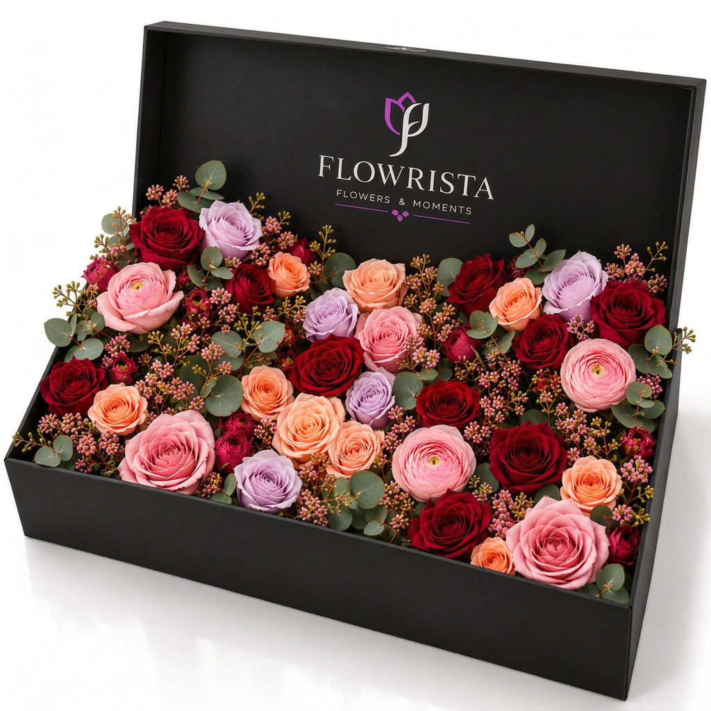 Fresh red, pink, peach and lilac roses with pink ranunculus and eucalyptus in an open black Flowrista box
