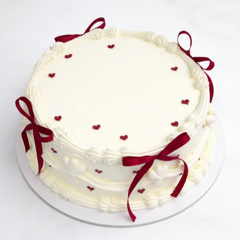 One-kilo Sugar Sweet white birthday cake with burgundy ribbon bows and heart decorations