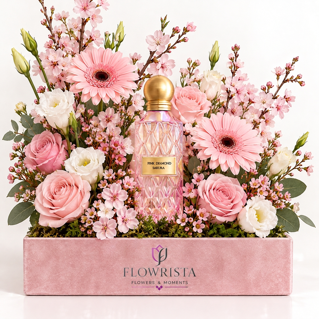 Pink Diamond Sakura perfume with pink roses, gerberas and white lisianthus in a pink Flowrista flower box