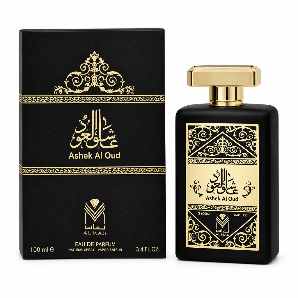 Ashek Al Oud by Almas 100ml eau de parfum bottle and black gold box