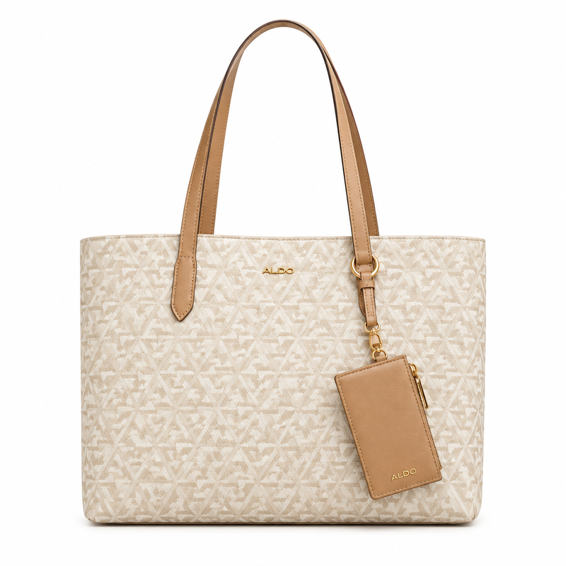 Cream ALDO Ysabelle monogram tote bag with tan handles and card pouch