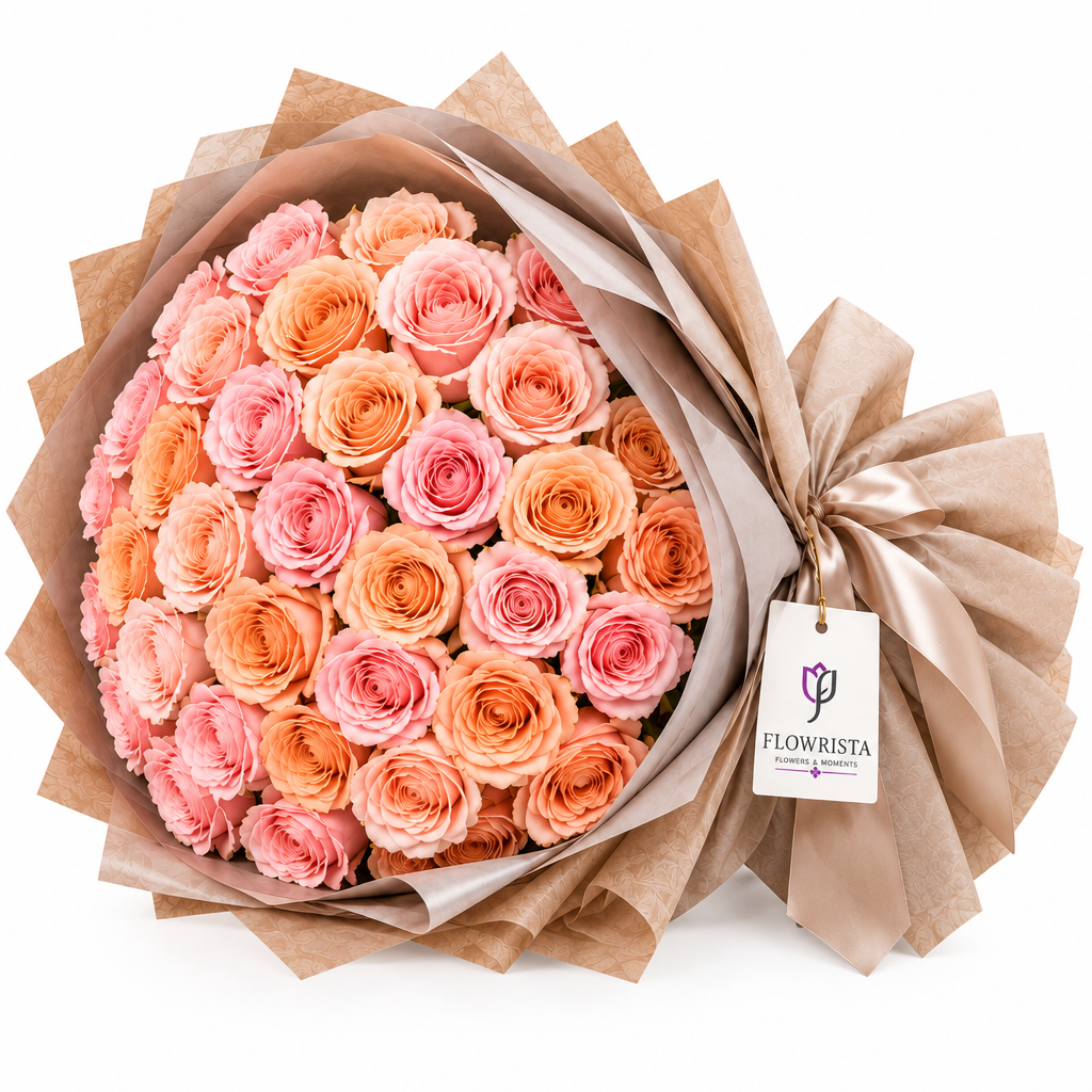 Peach and pink roses in Flowrista beige wrap with tag
