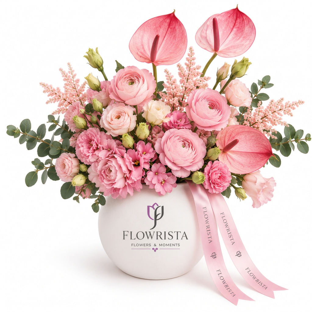 Pink anthuriums, ranunculus and mixed flowers with eucalyptus in a white Flowrista vase and pink ribbon