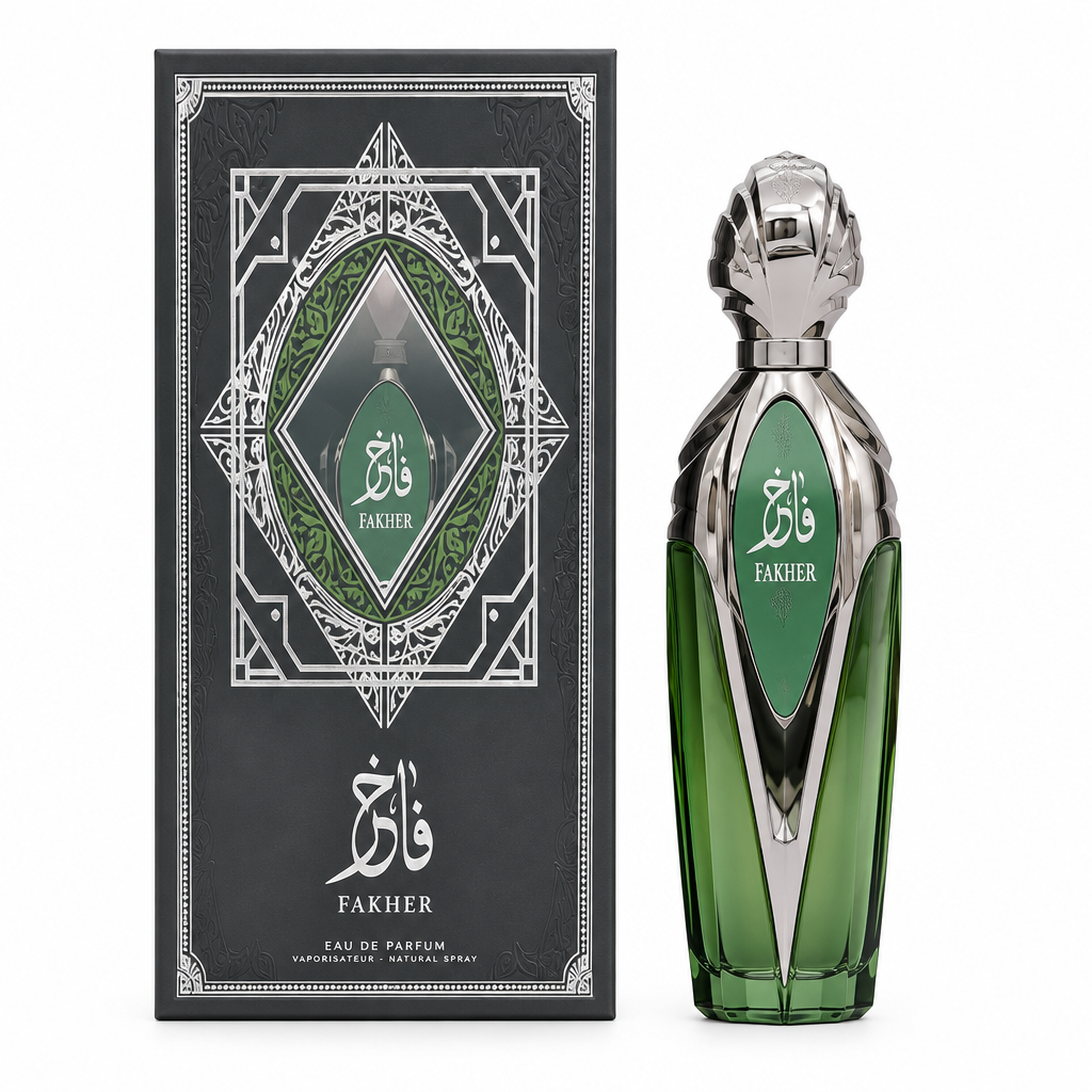 Fakher green perfume bottle with ornate silver cap and dark silver green presentation box
