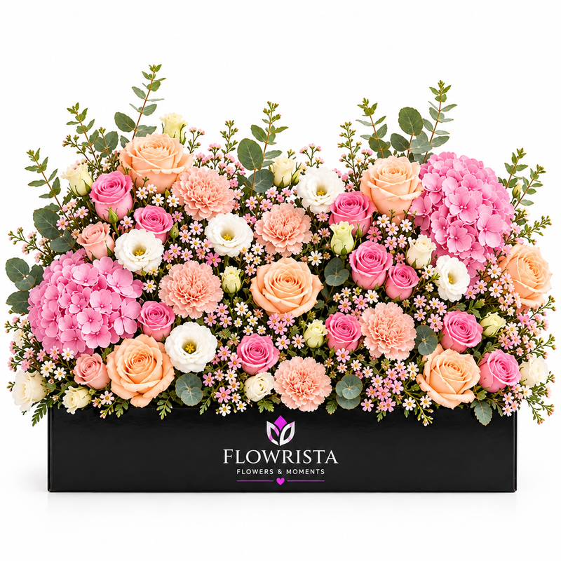 Fresh pink hydrangeas peach and pink roses carnations and white lisianthus in a black rectangular Flowrista planter