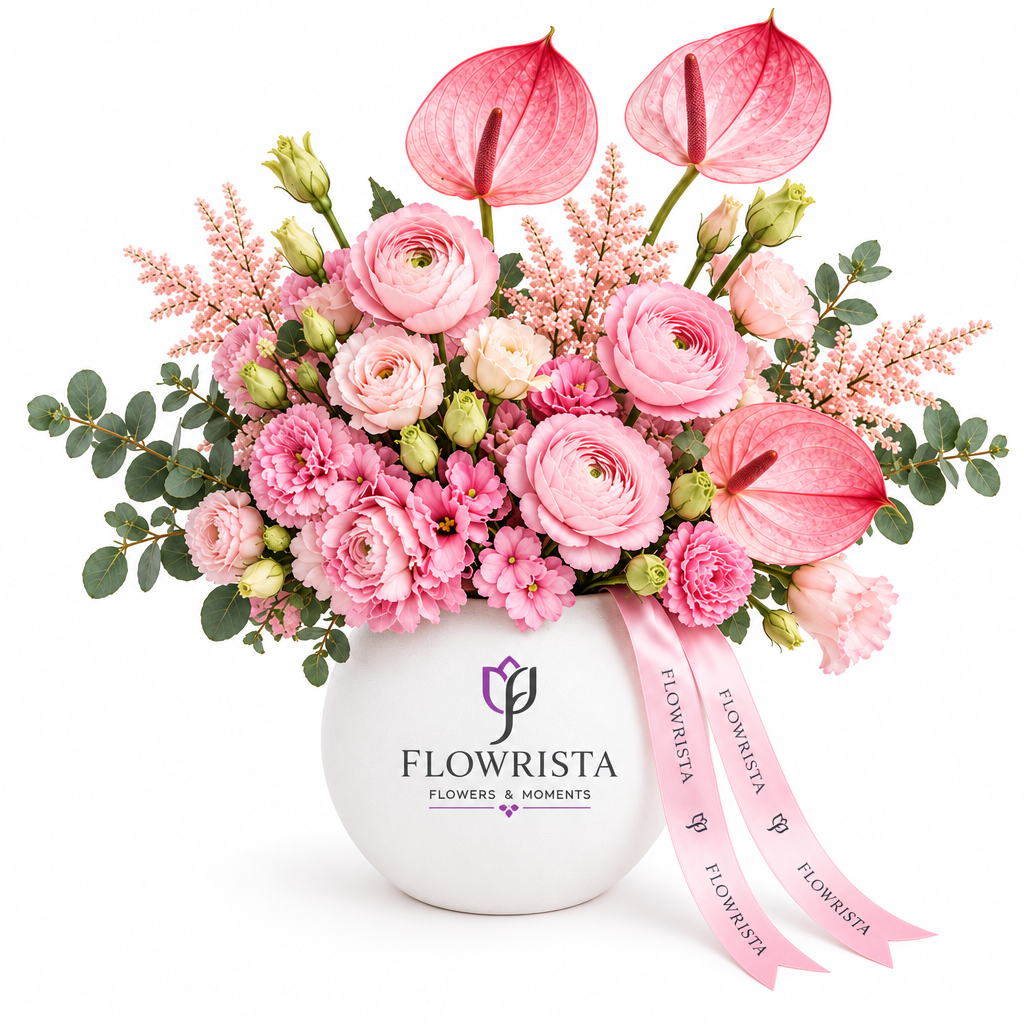 Pink anthuriums and mixed pink flowers with eucalyptus in a round white Flowrista vase with pink ribbon