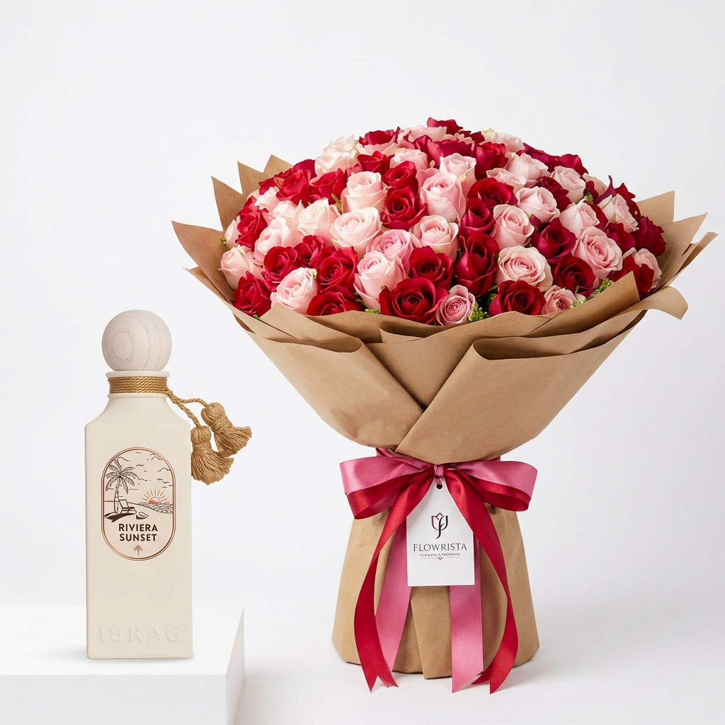 Riviera Sunset perfume beside red and pink roses in brown wrapping with ribbons and a Flowrista tag