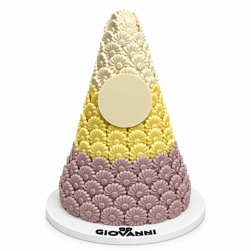 Giovanni floral chocolate pyramid with ivory, yellow and lilac daisy-shaped chocolate tiers