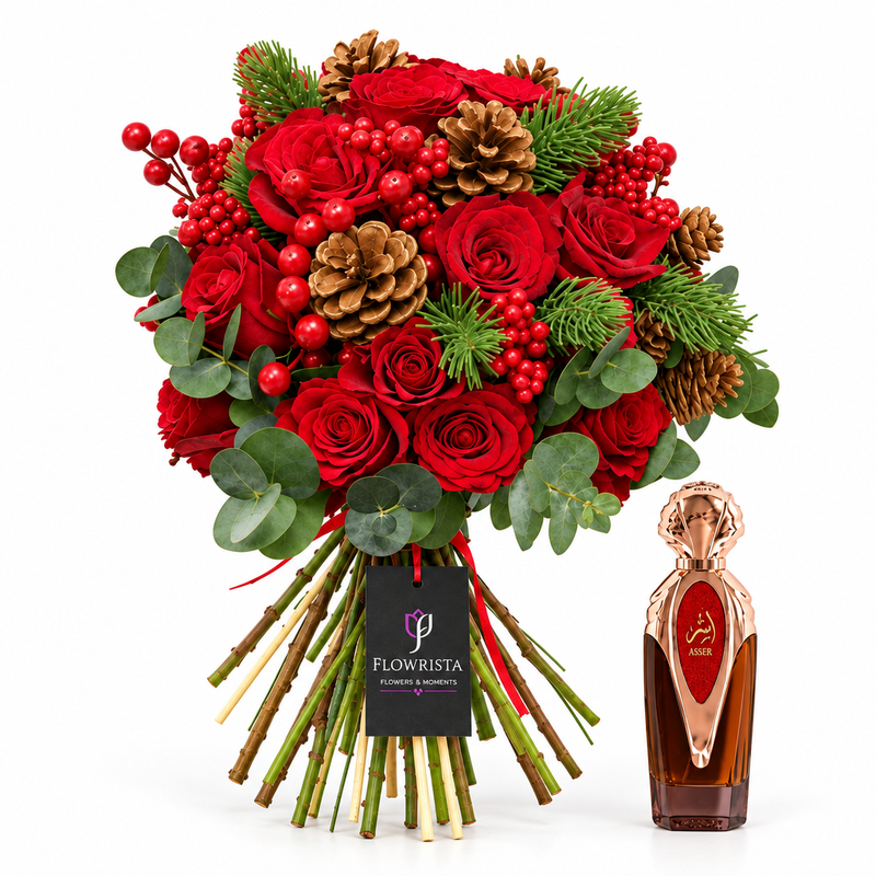 Asser perfume beside a festive red rose pine cone and berry bouquet with Flowrista tag