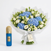 Brazilian Tobacco 100 ml perfume beside blue hydrangeas and white lisianthus with a Flowrista gift tag