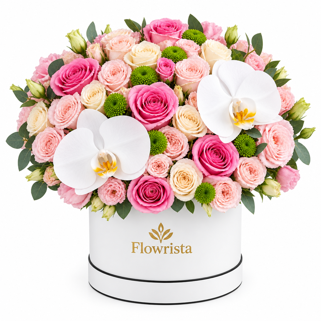 Flowrista pink and cream roses with white orchids and green button flowers in a white round box