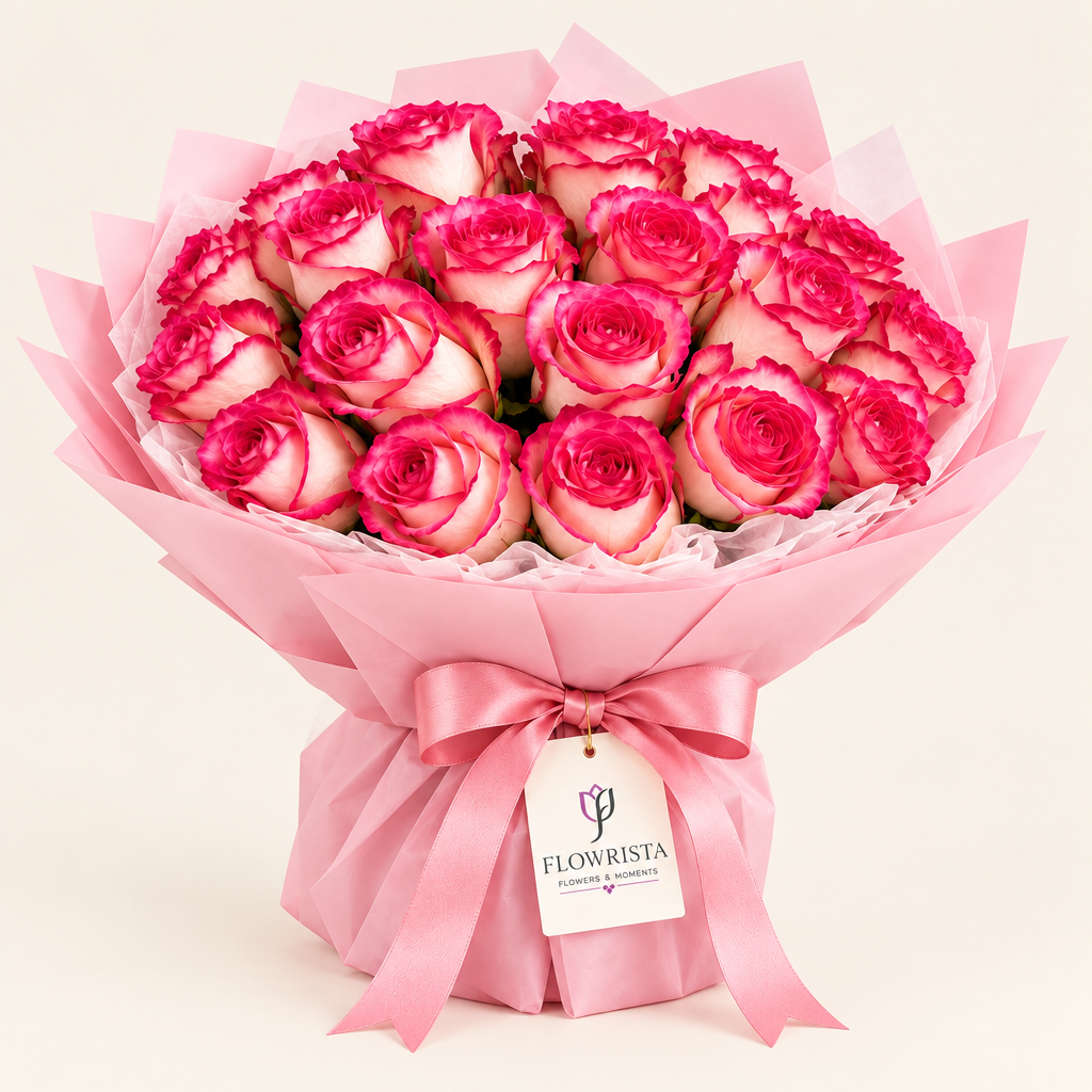 Flowrista bouquet of ivory roses with vivid pink edges, pink wrap and satin bow