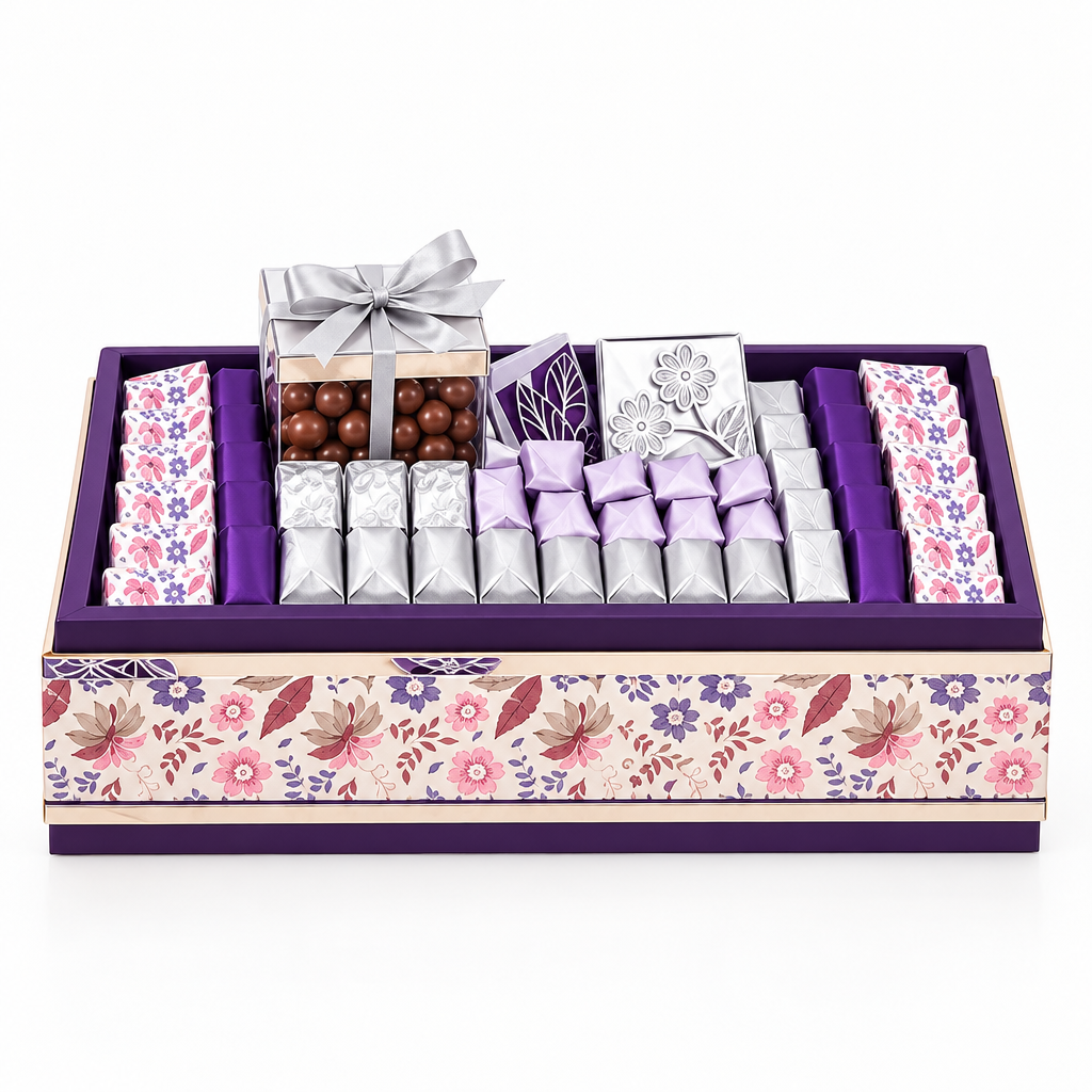 Assorted chocolates in a purple floral-patterned Belgian chocolate gift tray