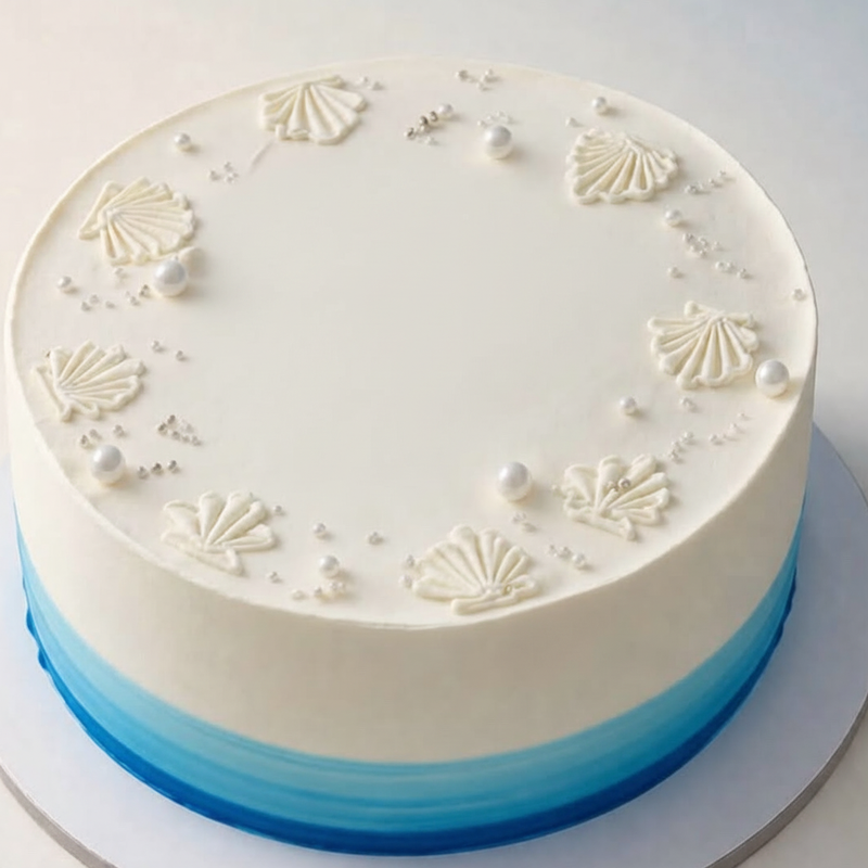 One-kilo Sugar Sweet ivory-white birthday cake with blue ombre frosting and shell decorations
