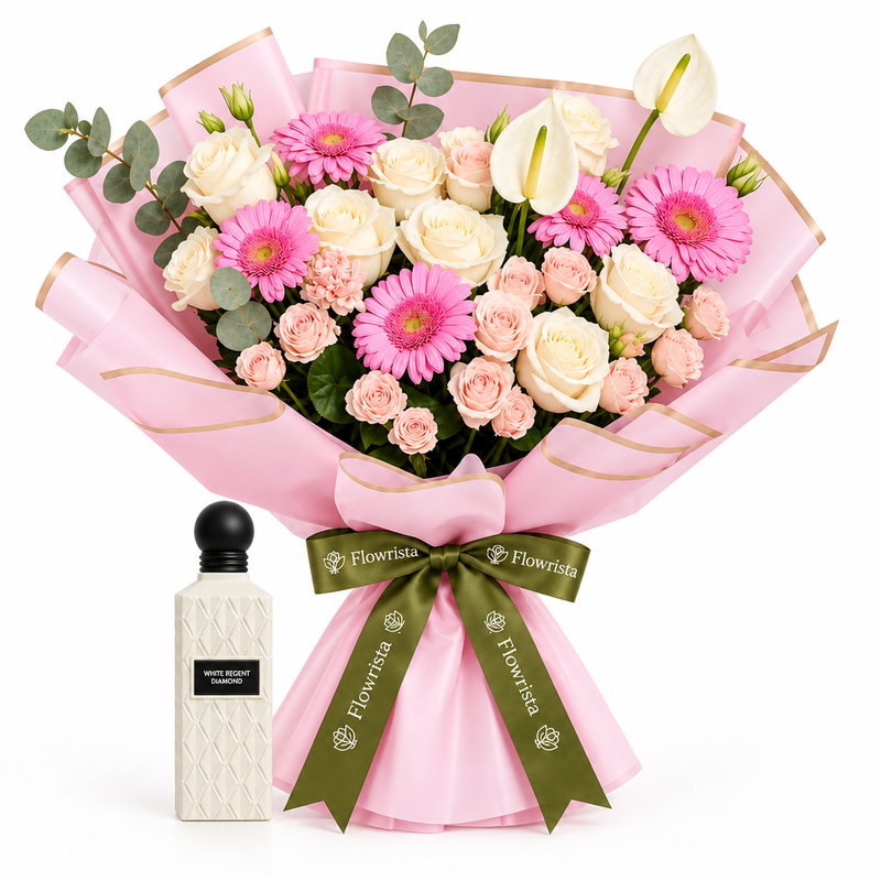 White Regent Diamond 150 ml perfume beside Flowrista pink gerbera and cream rose bouquet