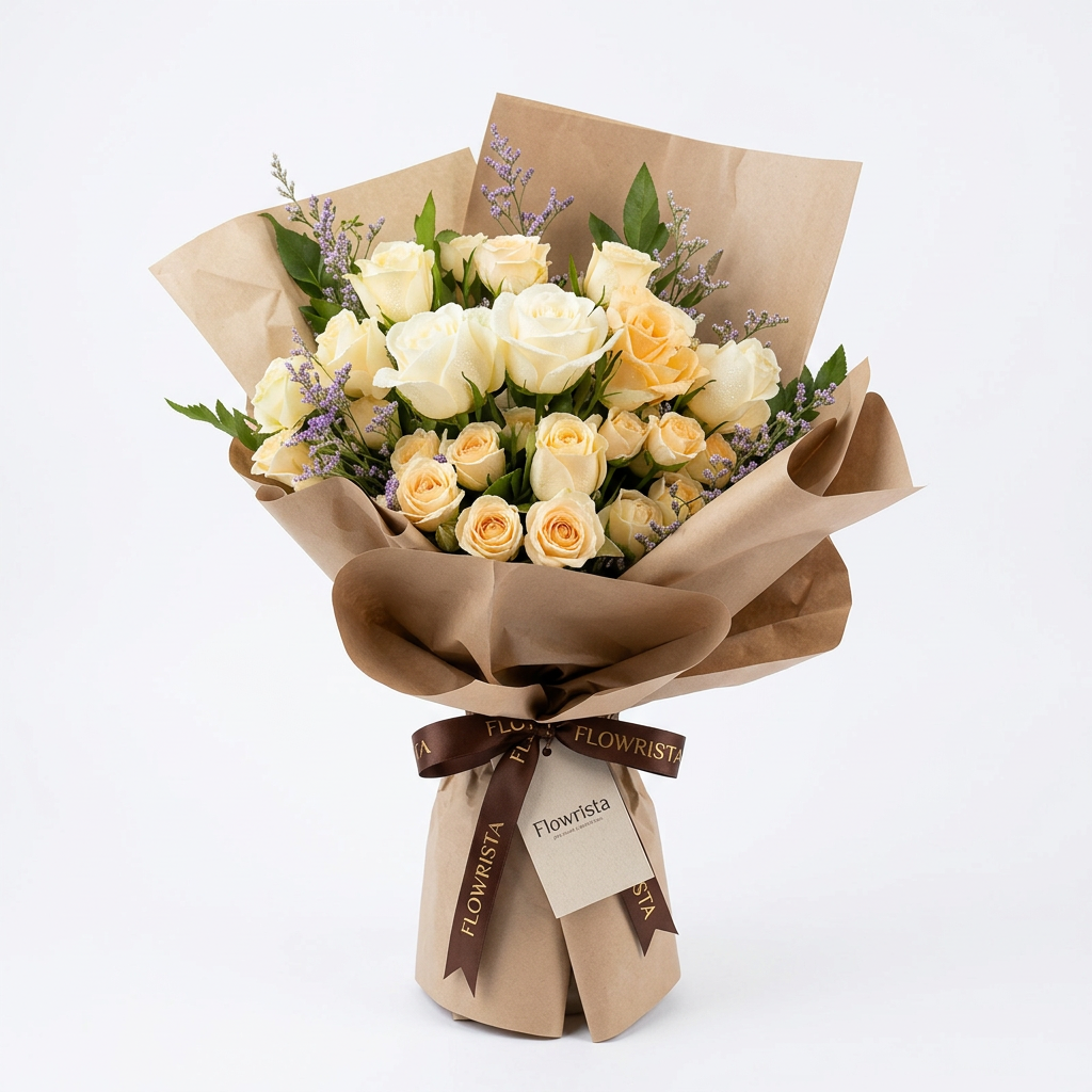 Fresh white and peach roses with peach spray roses and greenery in brown paper wrapping with Flowrista ribbon