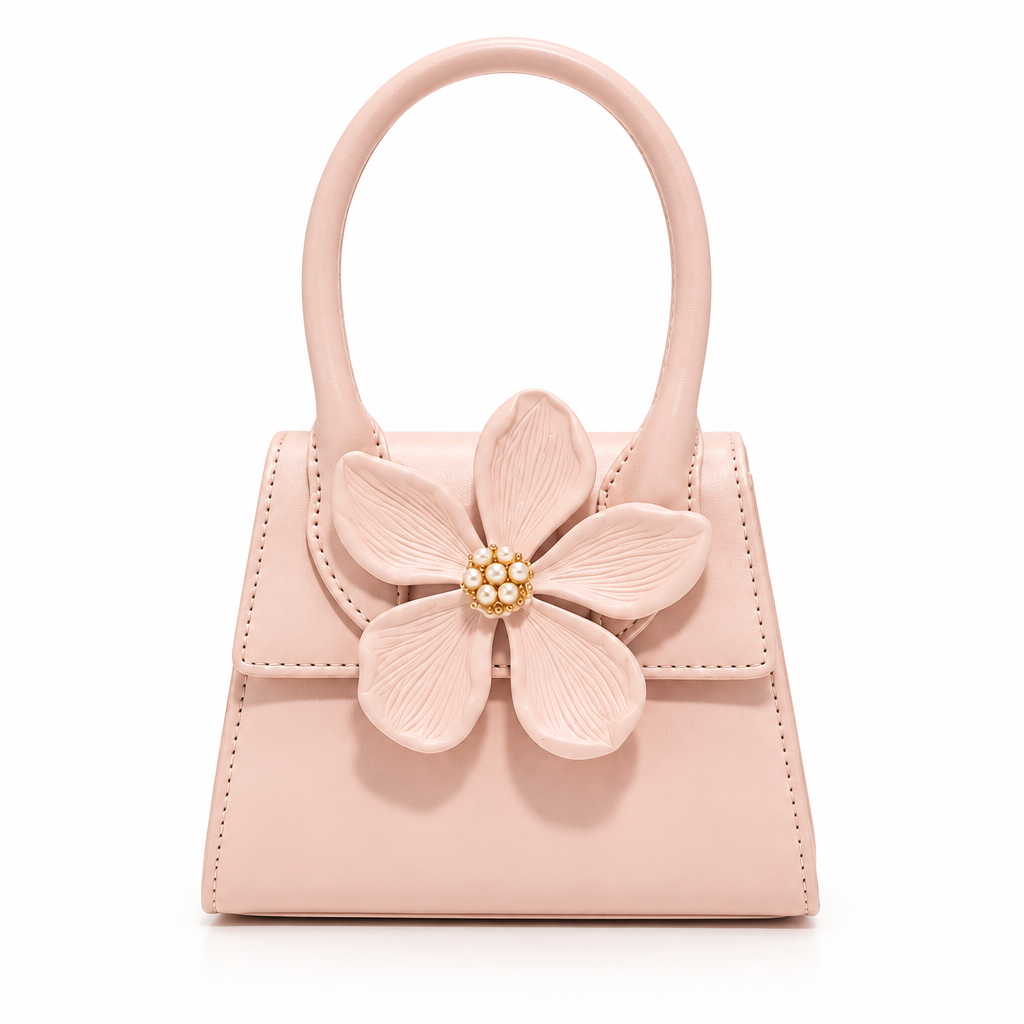 Blush pink AZRA top handle bag with flower appliqué and pearl-gold center
