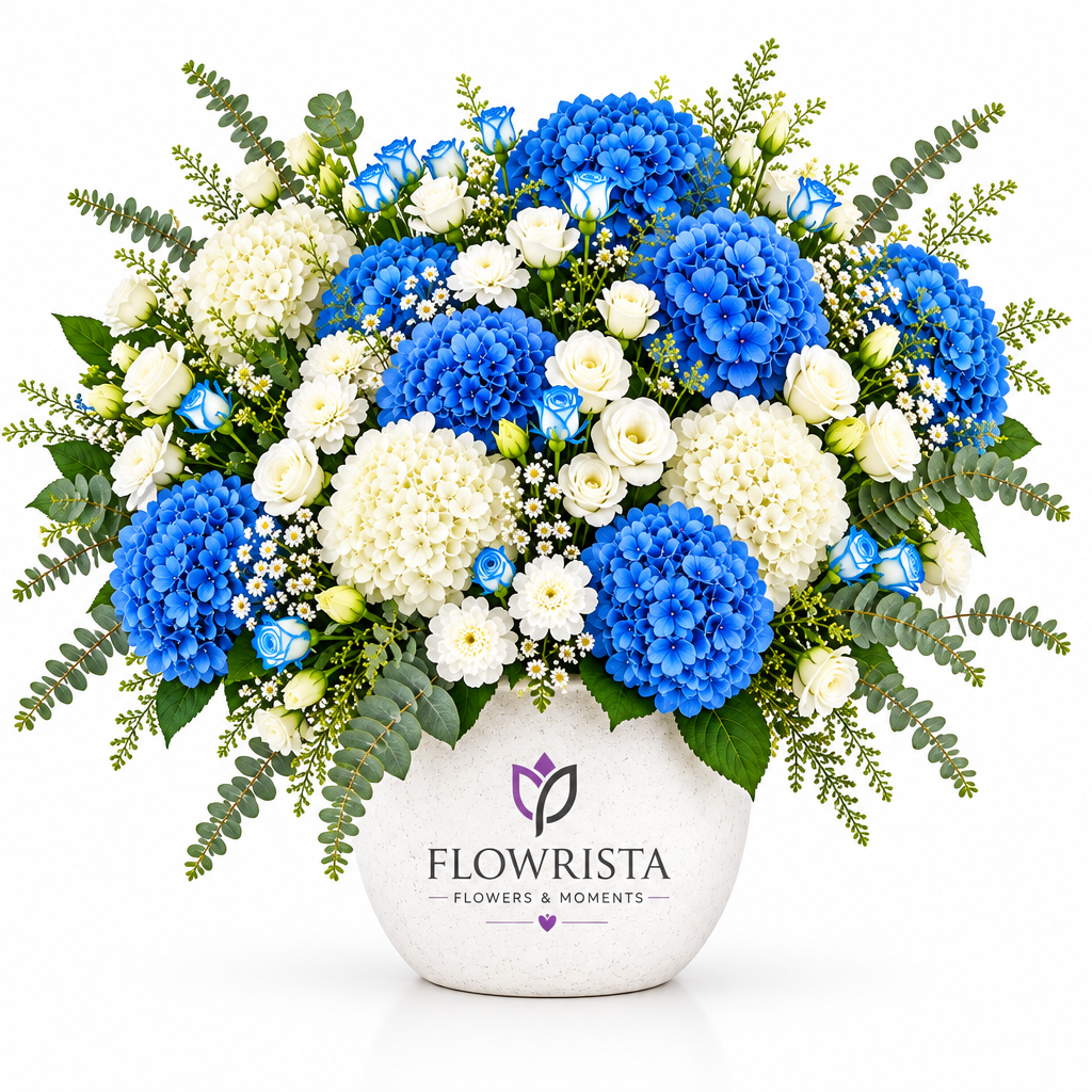 Blue and white hydrangeas in white Flowrista flower vase