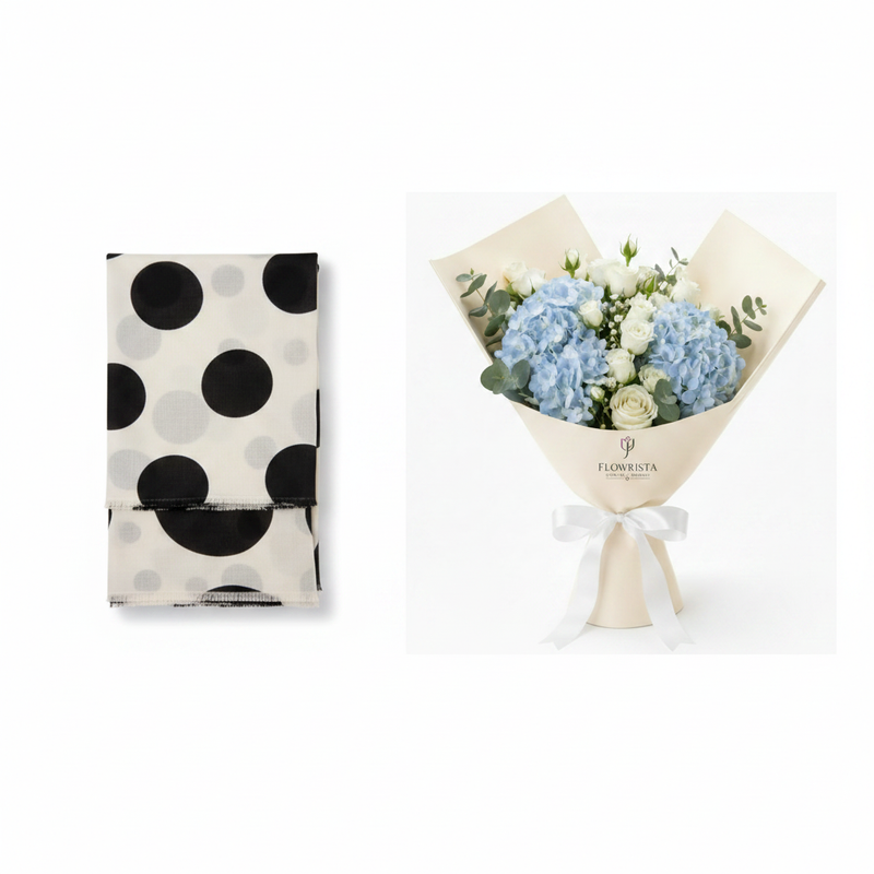 Mango ecru spots print frayed scarf with Flowrista blue hydrangea and white roses bouquet