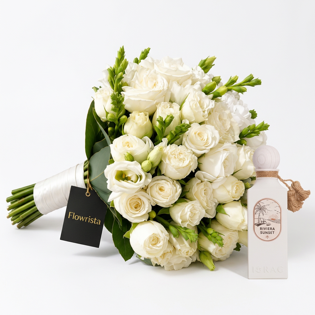 Riviera Sunset perfume beside a Flowrista white bridal rose bouquet with greenery