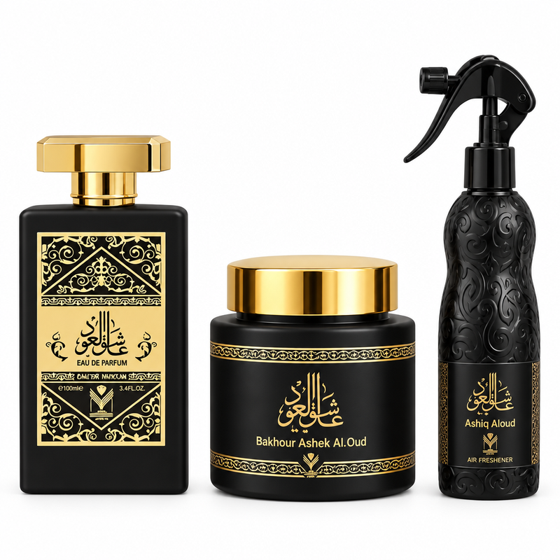 Ashek Al Oud perfume, bakhour, and air freshener trio on a white background