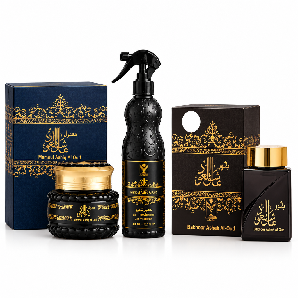 Three Ashiq Al Oud products: mamoul jar and navy box, bakhoor jar and dark box, and black trigger air freshener