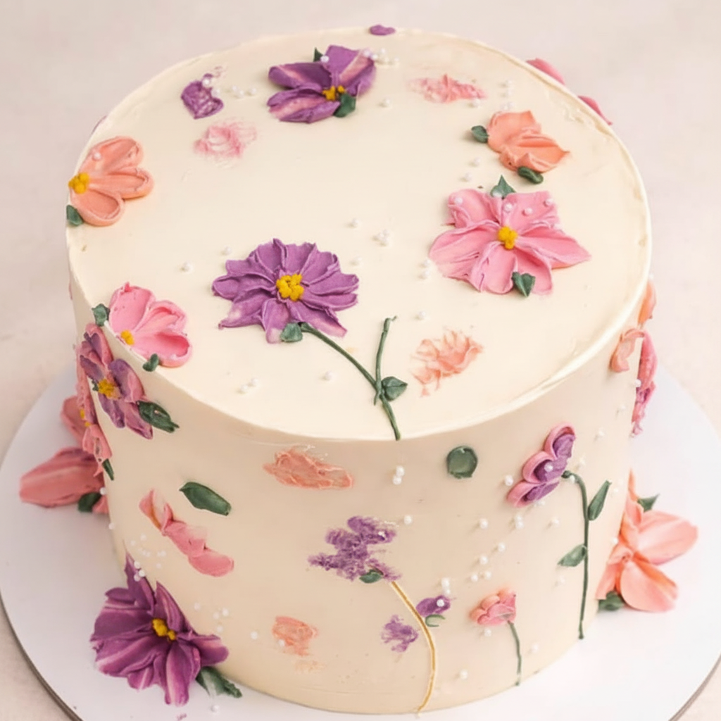 One-kilo Sugar Sweet ivory celebration cake with pink, peach and purple piped flowers